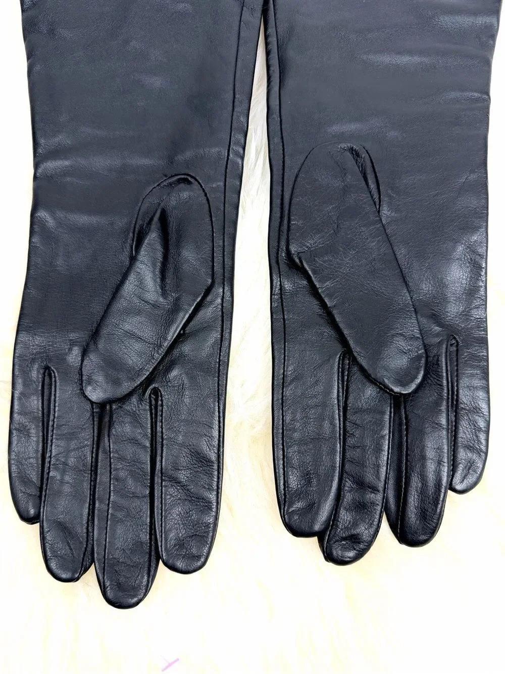 Mercer & Madison Black Leather Gloves Silk Lined XL 12” Long Brass Stud Accent